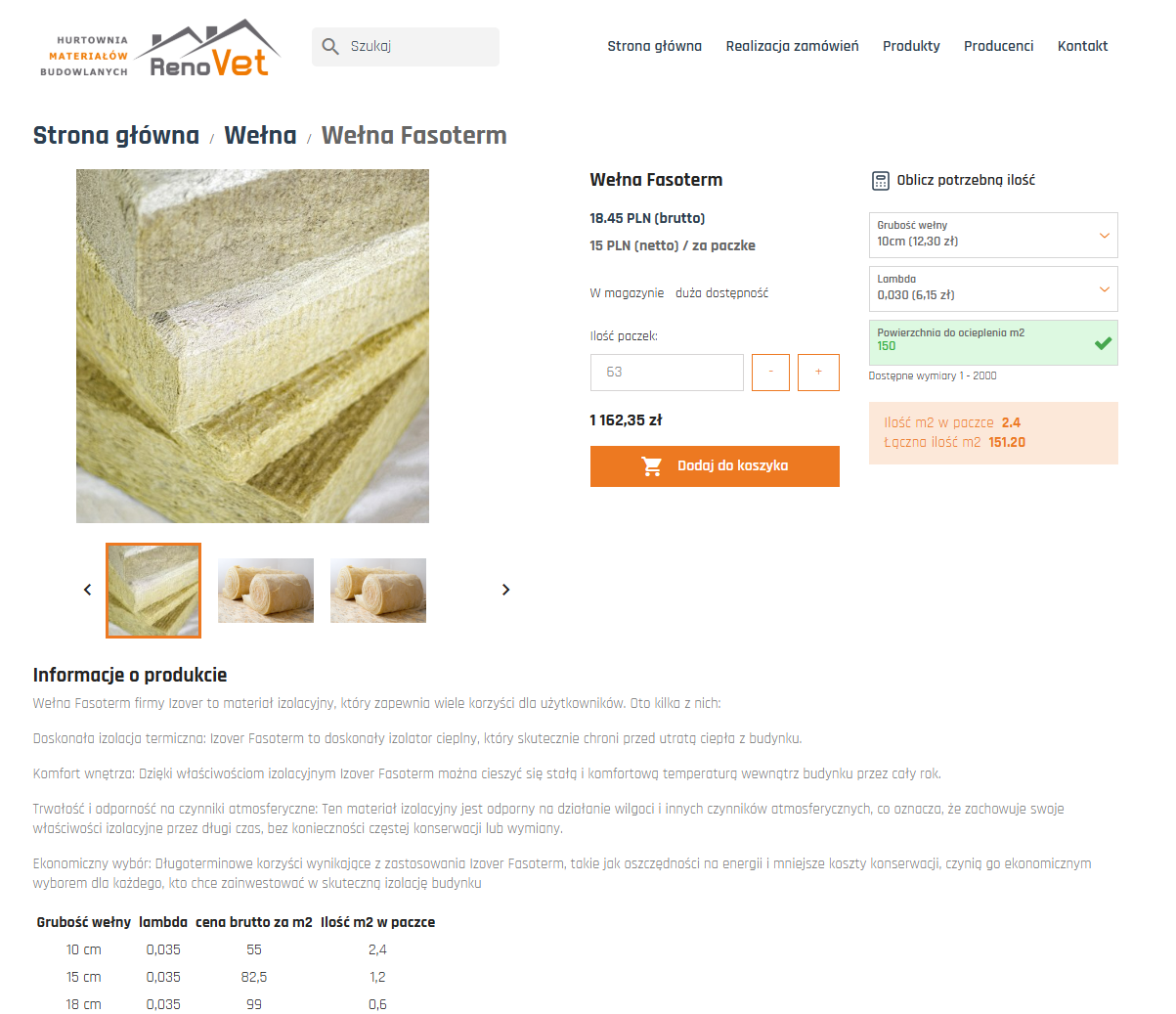 Insulation configurator showing the number of packs and price based on thickness and lambda