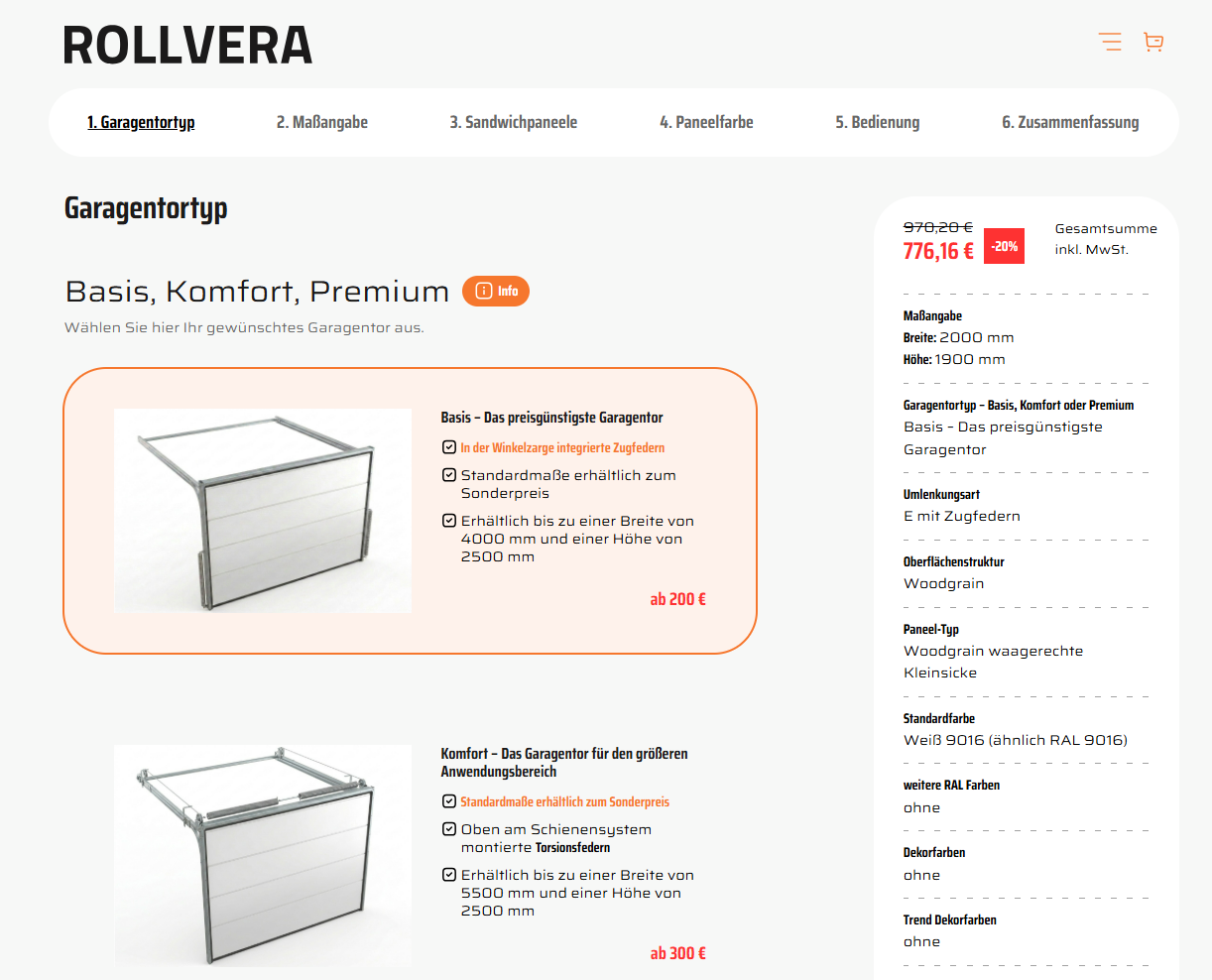 Sectional garage door configurator with step navigation and live pricing