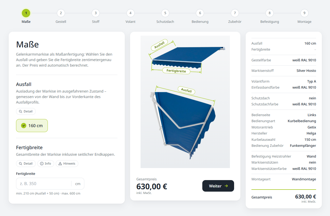 Awning configurator with width, projection, and real-time pricing