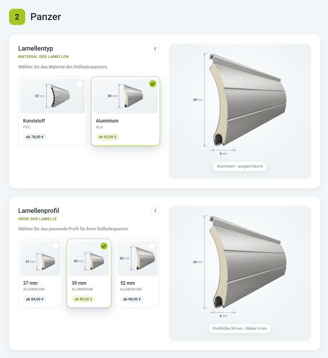 Roller shutter curtain configurator: slat material and profile with prices